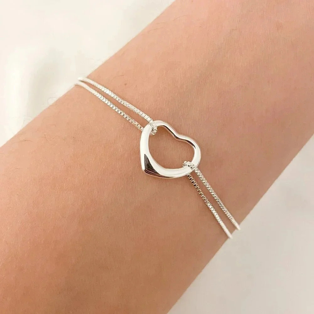 925 Sterling Silver Layer Heart Bracelet Dainty Minimalist Heart Bracelet